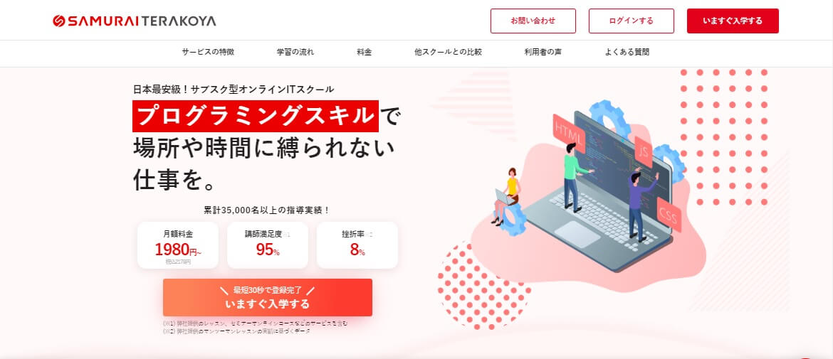 質問も、教材も、レッスンも、仲間もオールインワンで、月定額1,980円~利用可能